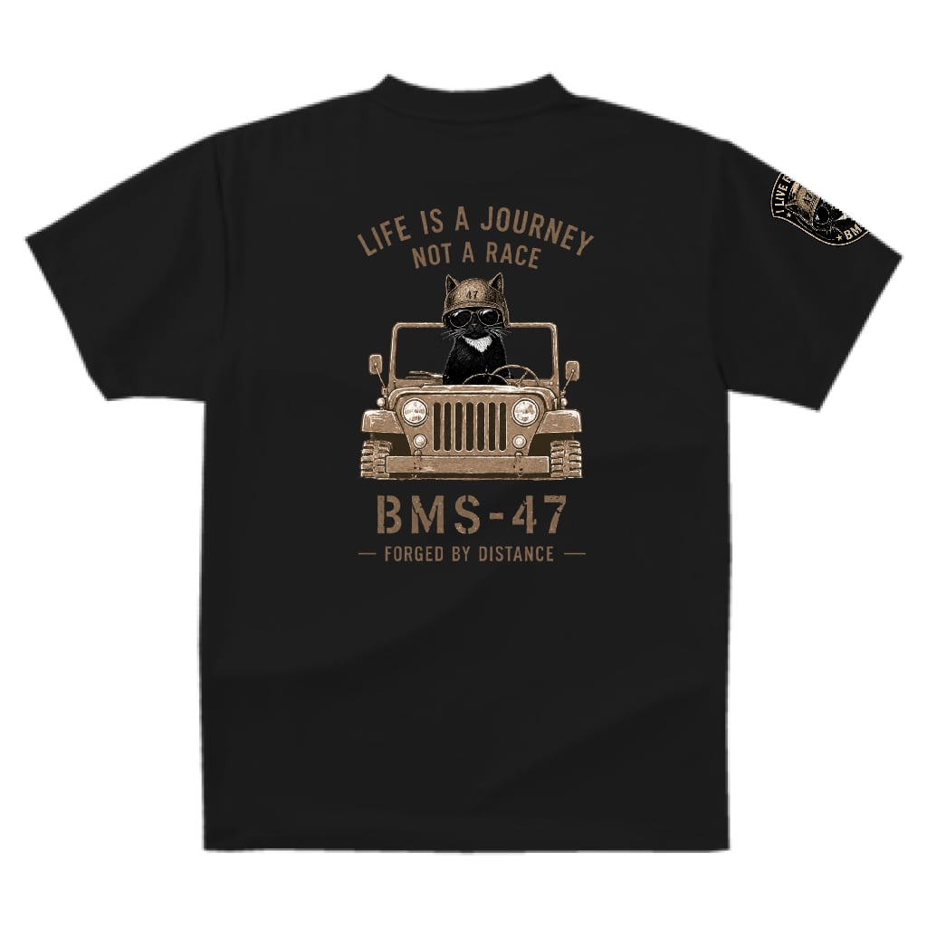 LIFE IS A JOURNEY” CAT DRIVER TEE／黒
