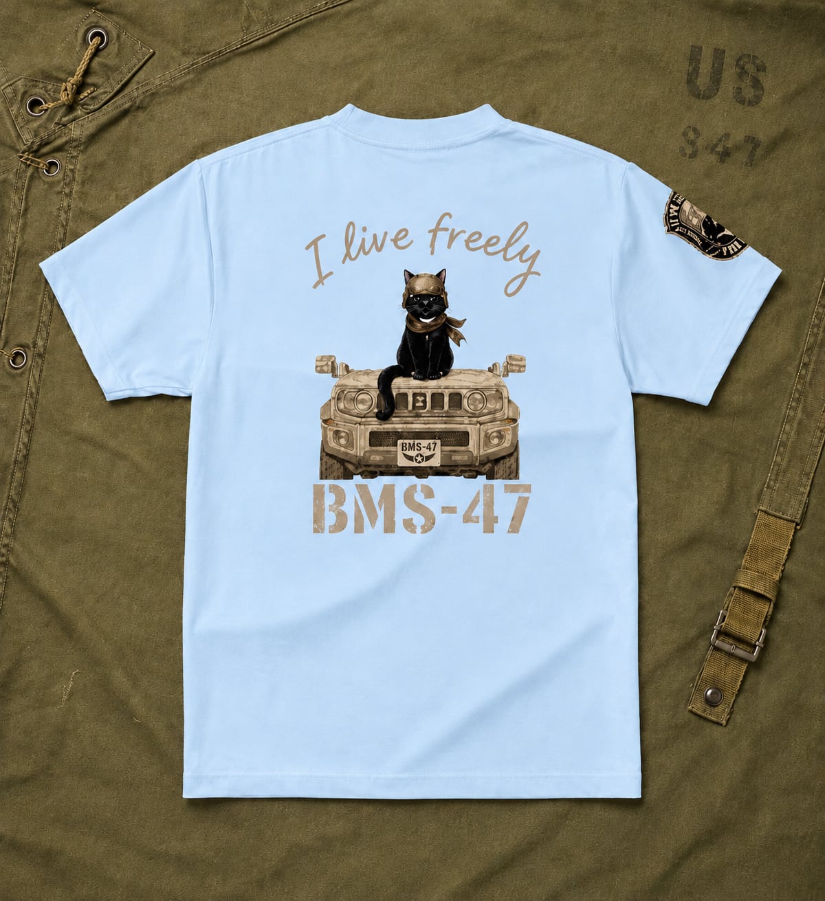 I LIVE FREELY ROUGH ROADS CAT TEE／水色