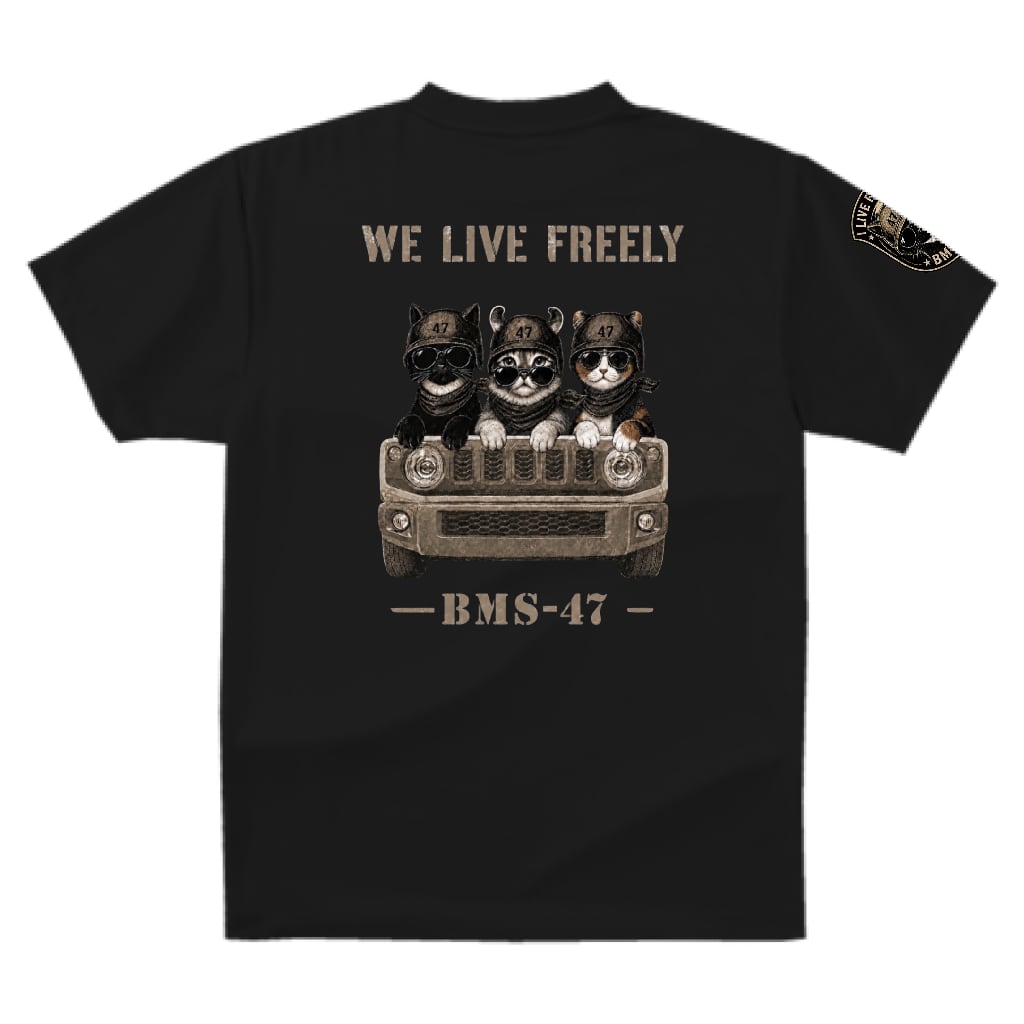 WE LIVE FREELY ROUGH ROADS CAT TEE／黒