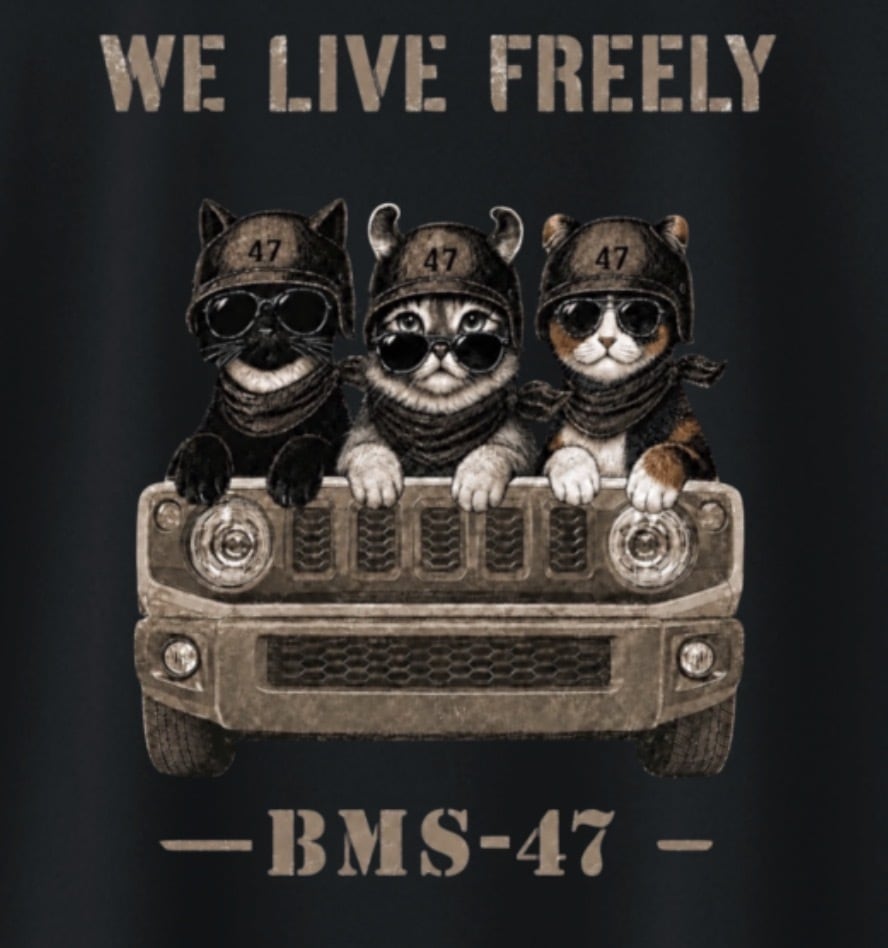 WE LIVE FREELY ROUGH ROADS CAT TEE／黒